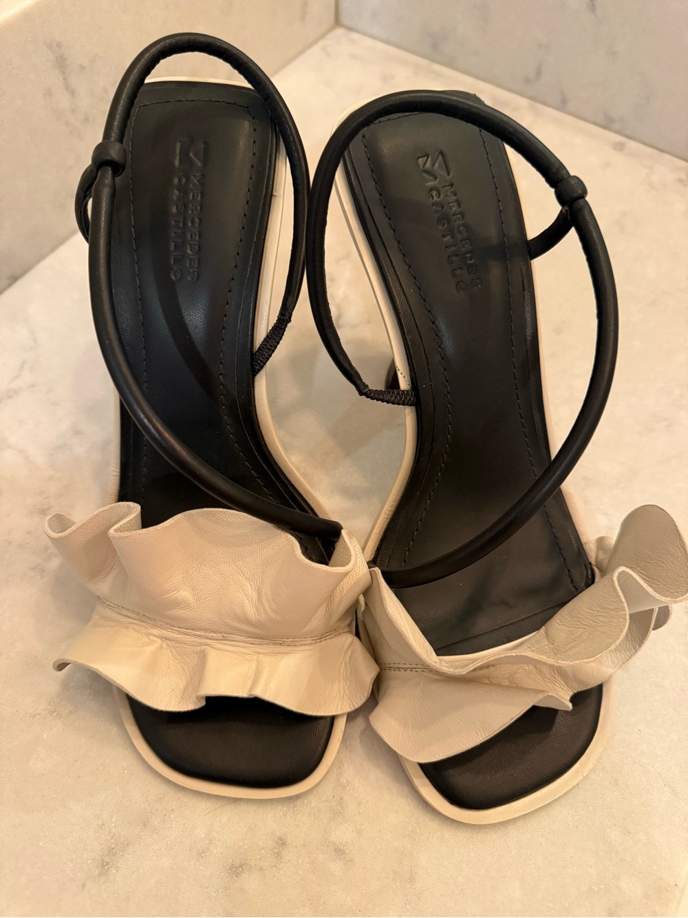 MERCEDES CASTILLO Black & Cream Ruffle Slingback Heels